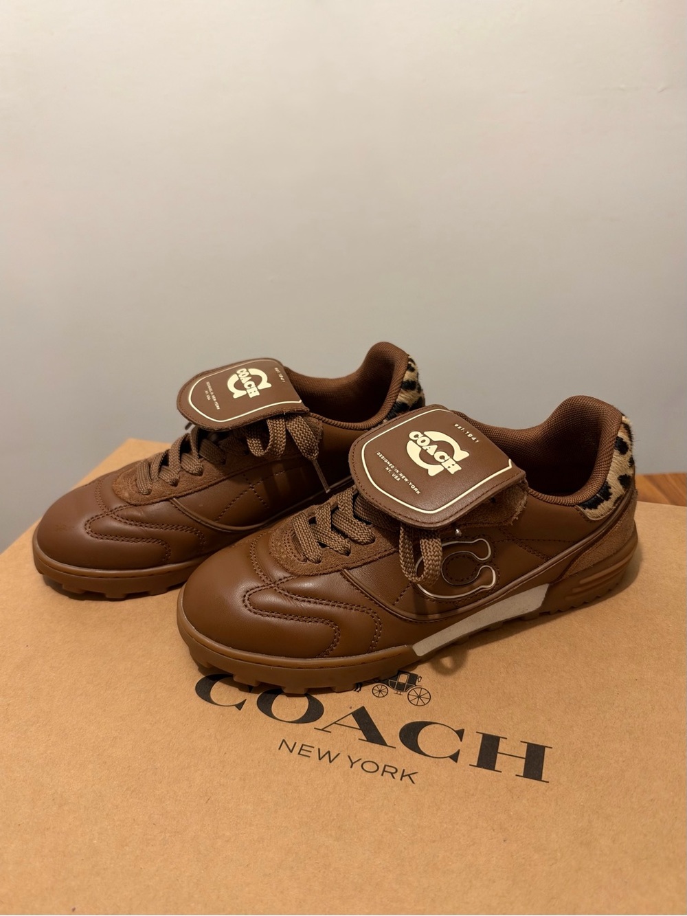 Coach Brown Leather Low-Top Sneakers with Leopard Accent
